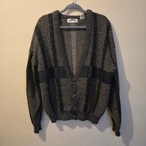 Vintage 80s Marquis Cardigan Sweater Mens Large Black Tan Leather Patch Retro